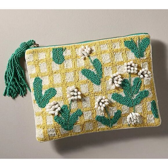 Anthropologie Handbags - The Fiona Large Beaded Pouch Floral Yellow Green